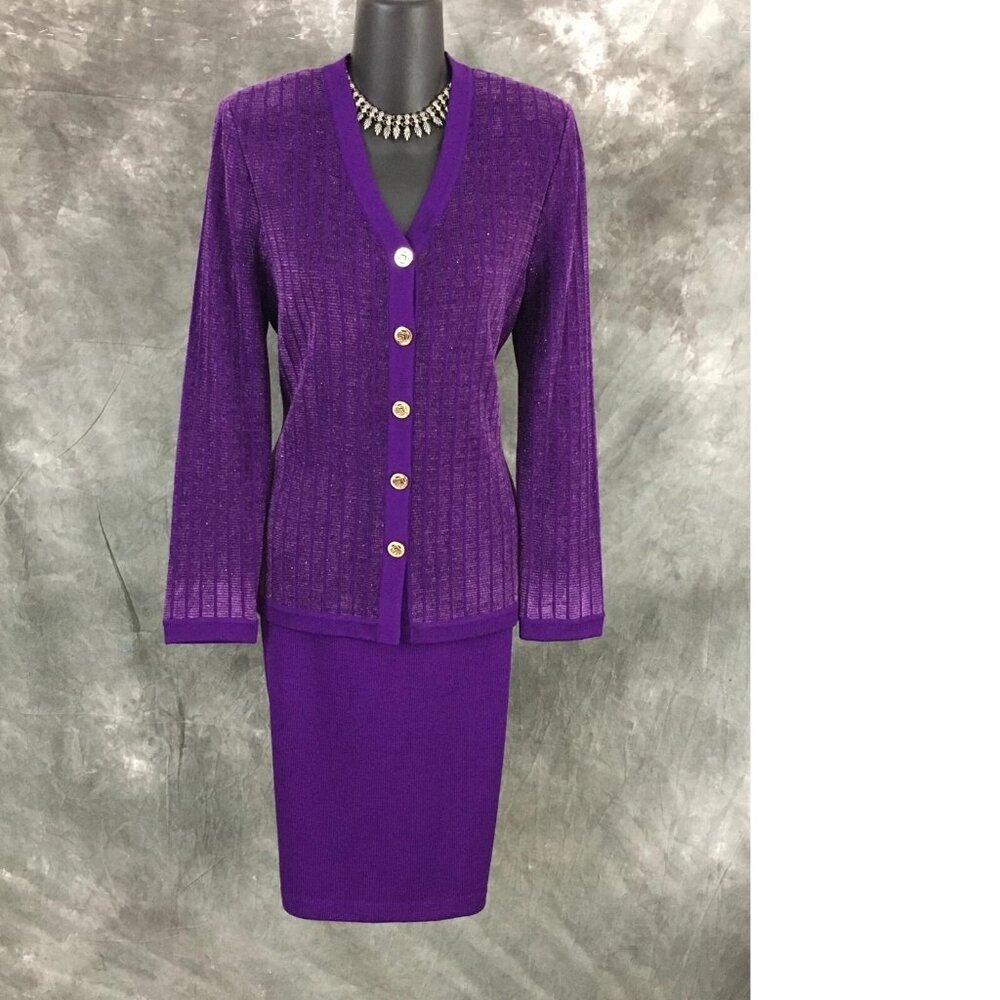 BEAUTIFUL St John collection knit purple multi jacket skirt suit size 2 4